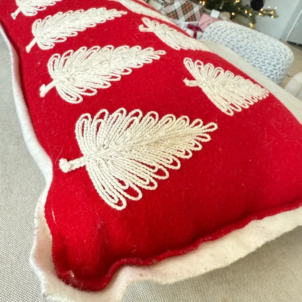 Crate & Barrel lumbar felt Christmas tree forest red & cream lumbar pillow cover